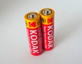 Latvia, Riga - May 2, 2019: Pair of Two Kodak Zinc Battery Batteries