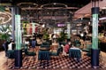 Modern of Burzma food court interior with interesting lamps and with varied lighting in Gallery Center shopping mall, Riga