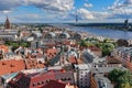 Aerial view of Riga Old Town and Riga Central market near Daugava river Royalty Free Stock Photo