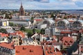 Aerial view of Riga Old Town and Riga Central market near Daugava river Royalty Free Stock Photo