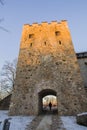 Latvia. Sigulda. The Crusader Castle. Courtyard. The fortress wall. The main gate. Royalty Free Stock Photo