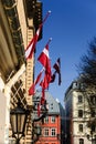 Latvian national flags at the old town of Riga, Latvia Royalty Free Stock Photo