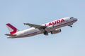 Lauda air airplane starting at dusseldorf airport germany