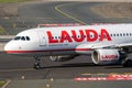 Lauda Airline Airbus A320 passenger plane taxiing at Dusseldorf Airport. Germany - February 7, 2020