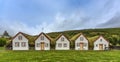 LAUFAS, ICELAND - AUGUST 14, 2019: Front view of icelandic turf houses Royalty Free Stock Photo