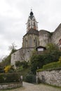 Laufenburg, Switzerland, 04 08 2023, Catholic Church of St. John Baptist in low angle and in vertical view.