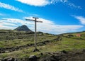 Laugavegur hiking trail marker signpost with directions to Emstrur-Botnar, Alftavatn, Hvanngil, Highlands of Iceland