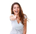 Laugh, bullying and woman pointing in studio on white background for humor, shame and mocking. Hand gesture, mean and