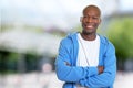 Laughing african american man with hoodie after workout Royalty Free Stock Photo