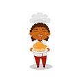 Laughing Afro-American kid holding plate with cooked chicken. Cute little girl in chef uniform and hat. Flat vector Royalty Free Stock Photo