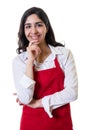 Laughing arabic waitress with red apron