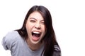 Laughing asian woman. Beautiful young asian girl laugh someone with mockery or sneer. Young lady is cheerful woman. She hear joke