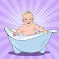 Laughing Baby Bathing with Foam Bubbles. Pop Art retro illustration