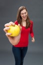 Laughing beautiful young woman for focus on health and diet Royalty Free Stock Photo