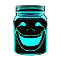 Laughing black ghost trapped in a large maison jar isolated on white