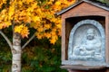 The Laughing Buddha, Budai, with his cloth sack stone sculpture with a yellow maple tree in the background Royalty Free Stock Photo