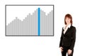 Laughing businesswoman in front of a gray and blue graph