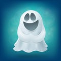 Laughing cartoon ghost on blue background. Halloween party design element