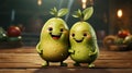laughing cartoon green avacads stand in an embrace, Lets Hug Day, 3d render, copy space