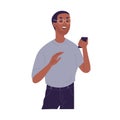 Laughing casual black skin guy reading funny information at smartphone vector flat illustration. Smiling bearded man in