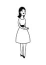 Laughing and chatting woman. Black and white vector illustration.