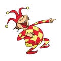 The laughing clown or jester in fool`s cap is pointing the finger. Vector illustration.