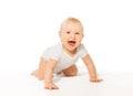 Laughing cute baby wears crawl with happy smile