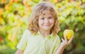 Laughing cute blond little child boy eating big apple fruit. Kids portrait on blurred nature background. Royalty Free Stock Photo