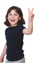 Laughing cute little girl shows V-sign