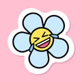 laughing daisy flower sticker, cute chamomile face sticker on pink background, vector design element, rofl Royalty Free Stock Photo