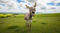Laughing Donkey Among Green Pasture Landscape Royalty Free Stock Photo