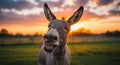 Laughing Donkey at Sunset in Pasture Royalty Free Stock Photo