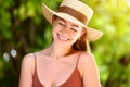 Charming woman closed eyes in summer hat and swimsuits Royalty Free Stock Photo