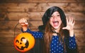 Funny child girl in witch costume in halloween Royalty Free Stock Photo