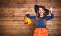 Funny child girl in witch costume in halloween Royalty Free Stock Photo