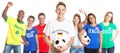 Laughing german soccer with blond hair with fans from other countries Royalty Free Stock Photo