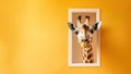 Laughing giraffe looking through the window of a house, concept of curiosity and interest, copy space, AI generation Royalty Free Stock Photo