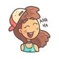 Laughing Girl In Cap, Choker And Blue Top Hand Drawn Emoji Cool Outlined Portrait