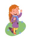 Laughing girl kid walking outdoors among flowers