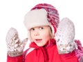 The laughing girl wearing red overalls and mittens Royalty Free Stock Photo