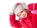 The laughing girl wearing red overalls and mittens Royalty Free Stock Photo