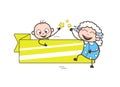 Laughing Granny with Baby and Banner Vector Illustration