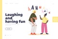 Laughing and having fun landing page with two girls giggling. Cute female friends tell funny stories Royalty Free Stock Photo