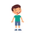 Laughing little boy flat vector illustration. Cheerful child with a smile on face standing alone cartoon character.