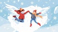 Laughing and making angels, lying on snow during winter vacation. Mother and child shaping snowy wings. Outdoor fun in Royalty Free Stock Photo