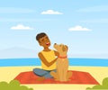 Laughing Man Pet Owner with His Dog Sitting on Beach Sunbathing Vector Illustration Royalty Free Stock Photo