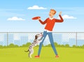 Laughing Man Pet Owner Playing Frisbee with His Dog on Green Lawn Vector Illustration