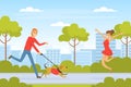 Laughing Man Pet Owner Running with His Dog Meeting His Girlfriend Vector Illustration