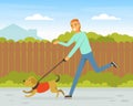 Laughing Man Pet Owner Walking His Dog Running After It Vector Illustration