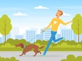 Laughing Man Pet Owner Walking His Dog Running After It Vector Illustration
